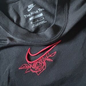 Nike Black Tee with Red Floral Swoosh